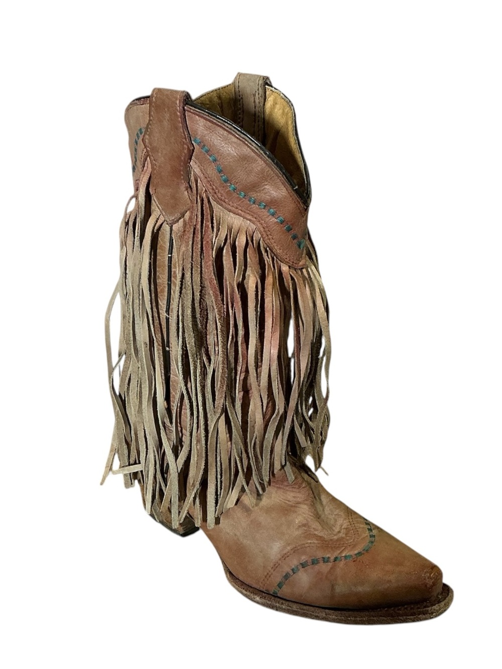 Vintage Coral Teens Tan Leather Point Toe Cowboy Boots with Fringe